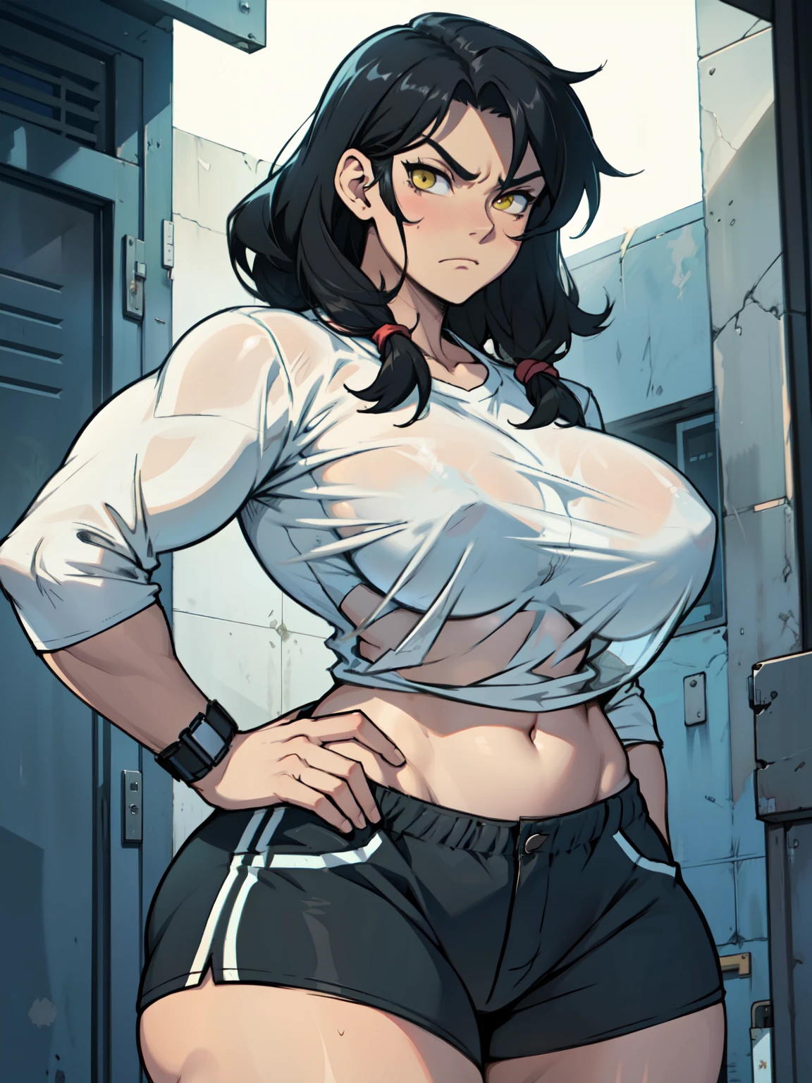 thick thighs wide  muscular toned body massive  athletic girl black hair yellow eyes pale skin massive hair sad frown disappointed expressionless long sleeve tight shirt tight shorts see-through