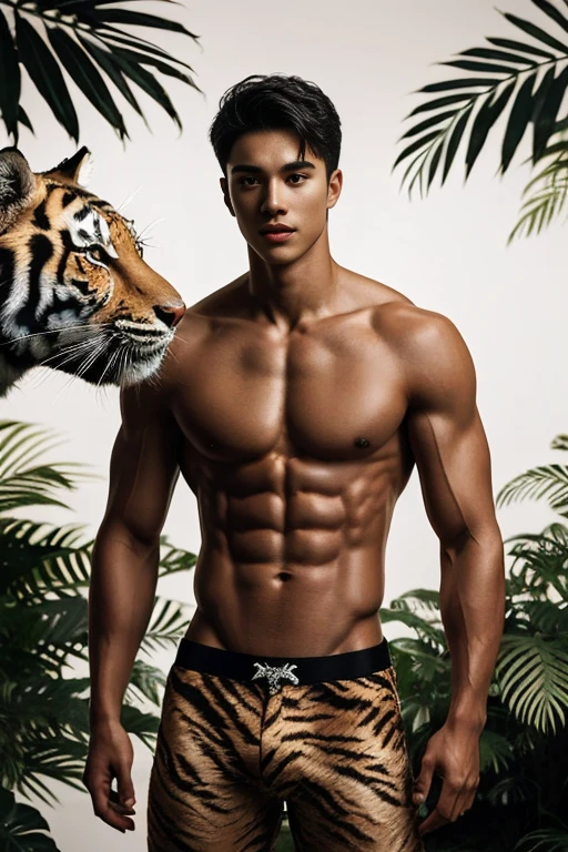 A guy, young, handsome, , ripped abs toned body, nice slender body, next to a white huge tiger, amazing and beautiful eyes, blurry dark floral background 