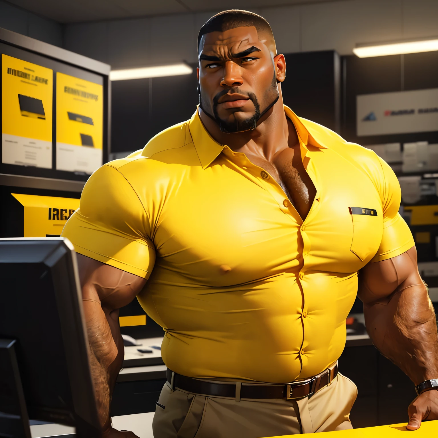 an exaggeratedly muscular and large bodyguard, beefy build, beard, dark-skinned african american male, buzzcut hair with square line, (confused expression: 1.2), (wearing yellow business shirt: 1.2), unbuttoned shirt, (bara pecs: 1.3), beefy pecs, (arm and  hair: 1.2), portrait HD, (electronics store isles)