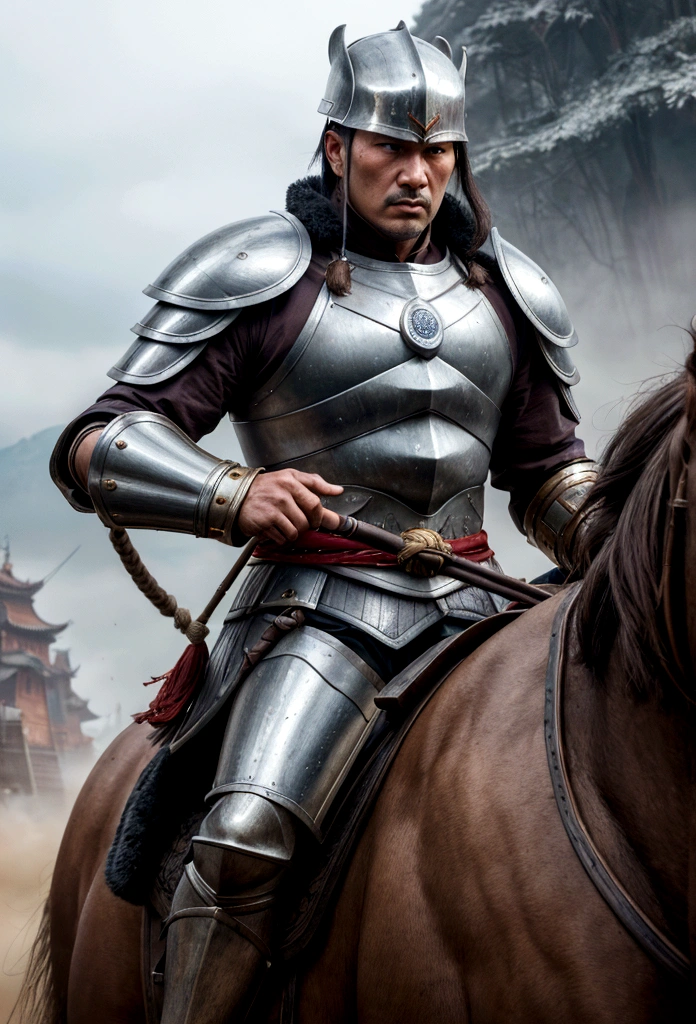 General Kraus, Wearing leather armor、Leather protectors，Holding a Mongolian scimitar, Highly detailed characters, Mongolian man with high cheekbones，Clear and refined face，Mongolian Cavalry，The generals of the Ming Dynasty had white tassels or feathers on their helmets，Norse epic hero, Muscular man with war god tattoo, Riding on horseback, Portrait photography style，Light, (Extremely detailed CG 8k wallpaper), The most beautiful works of art in the world - full body photos, original皮甲, Mongolian small shield，Human Portrait, hunter, Animal hides，brutal，original, macho man, Ed Blinkey (Ed Blinkey) Magnificent professional oil paintings created, Artie Guerlain, Studio Ghibli, Courtesy of Jeremy Mann, Greg Manches, Antonio Moro, Art Station Trends, Social Trends, Wheels within wheels, High Detail, sharp focus, Dramatic and realistic art by Midjourney and Greg Rutkowski, Horse has armor，Charge and Slash