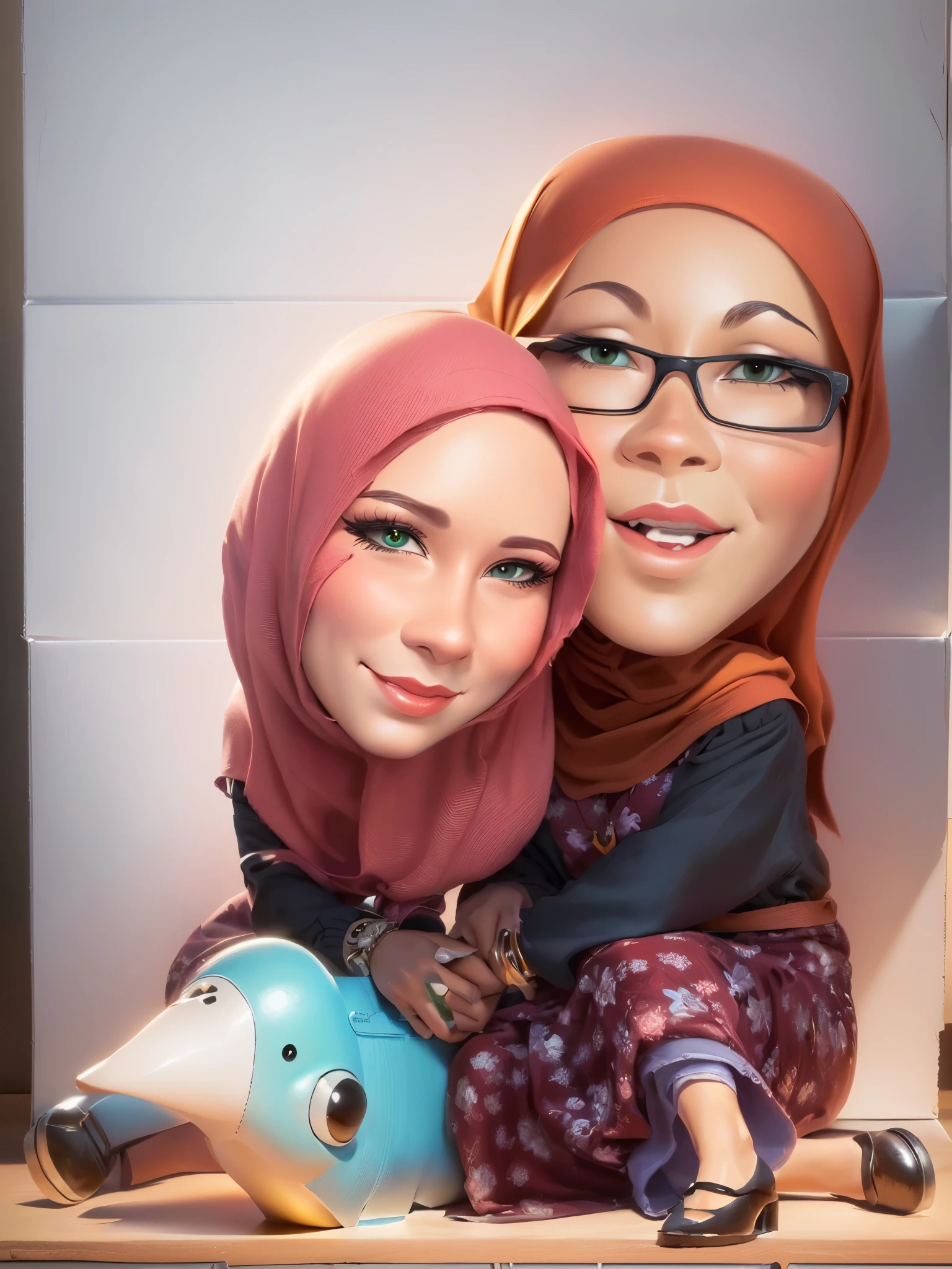 there is a cartoon picture of a woman and a  in a box, Wearing a hijab and long Muslim dress, caricature illustration, digital art cartoon, cartoon portrait, cartoon digital art, in cartoon style, cartoon artstyle, potrait, cartoon art, cartoon digital painting, inspired by JoWOnder, by Abidin Dino, caricature style, caricature, 3 d cartoon, caricature!!!, charicature