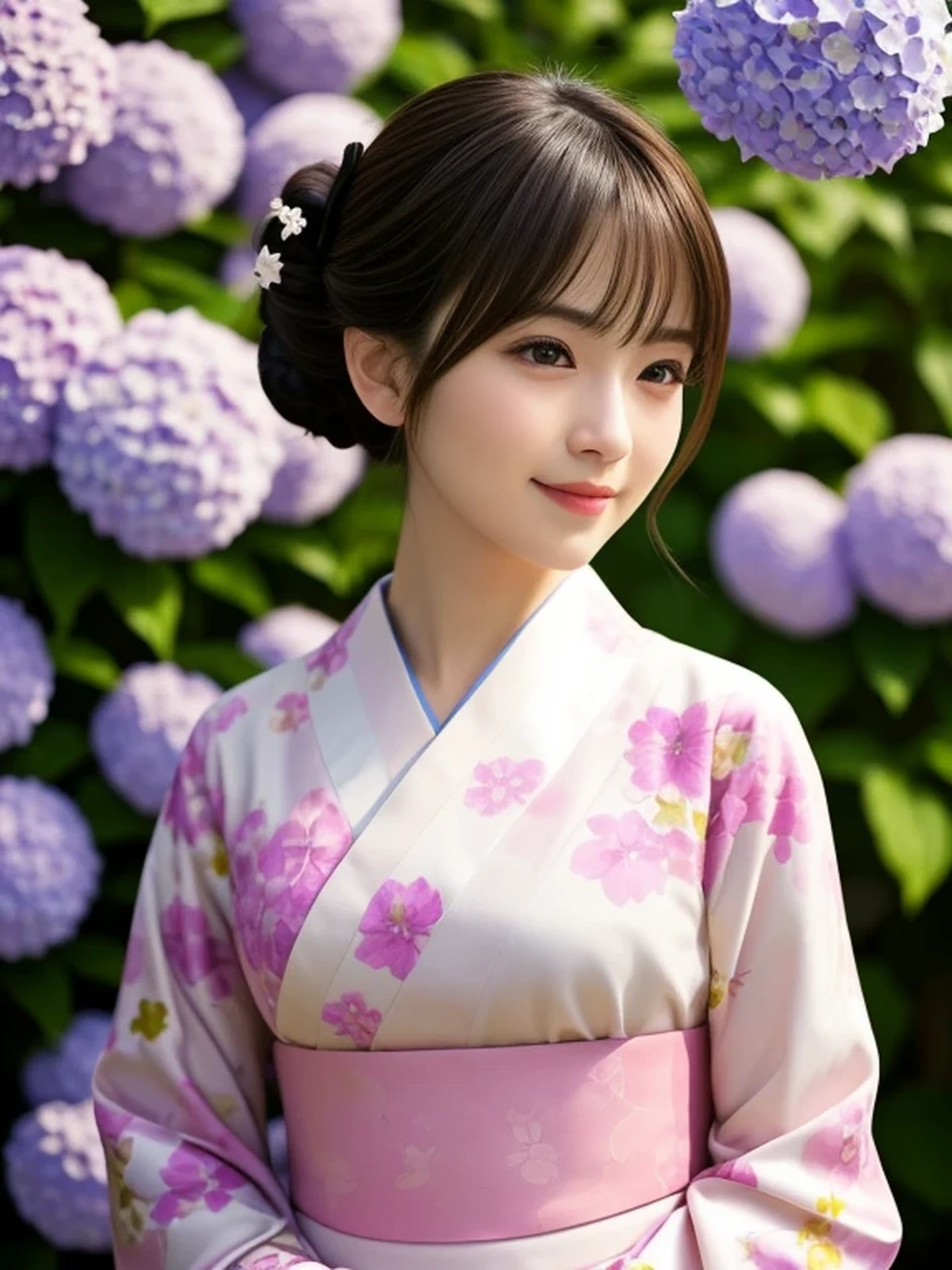 1 Japanese girl, (Looking at Viewer
:1.4), (upper body shot:1.2), Beautifully detailed eyeballs, catchlight in the eyes, Realistic digital painting of a woman portrait, Shy,  Cute,  happy smile, brown eyes,  (half updo,:1.1), (light brown brunette hair:1.3), (Highly detailed skin:1.2), Mystical style, Global Illumination, Traditional Japanese　floral printed Kimono, A silk kimono with pink base. A garden with many blooming hydrangeas