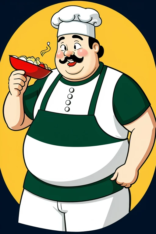 Fat man ready to cook in cartoon for logo in circle