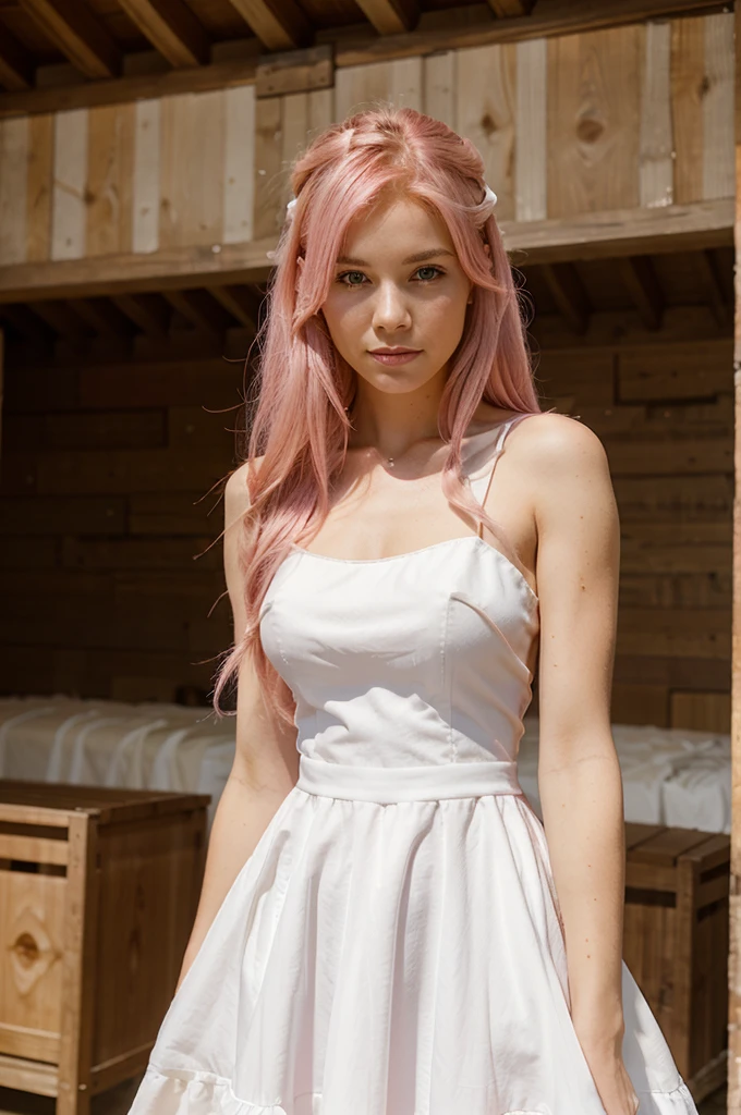 beautiful pink haired western woman wearing a white dress at a wedding