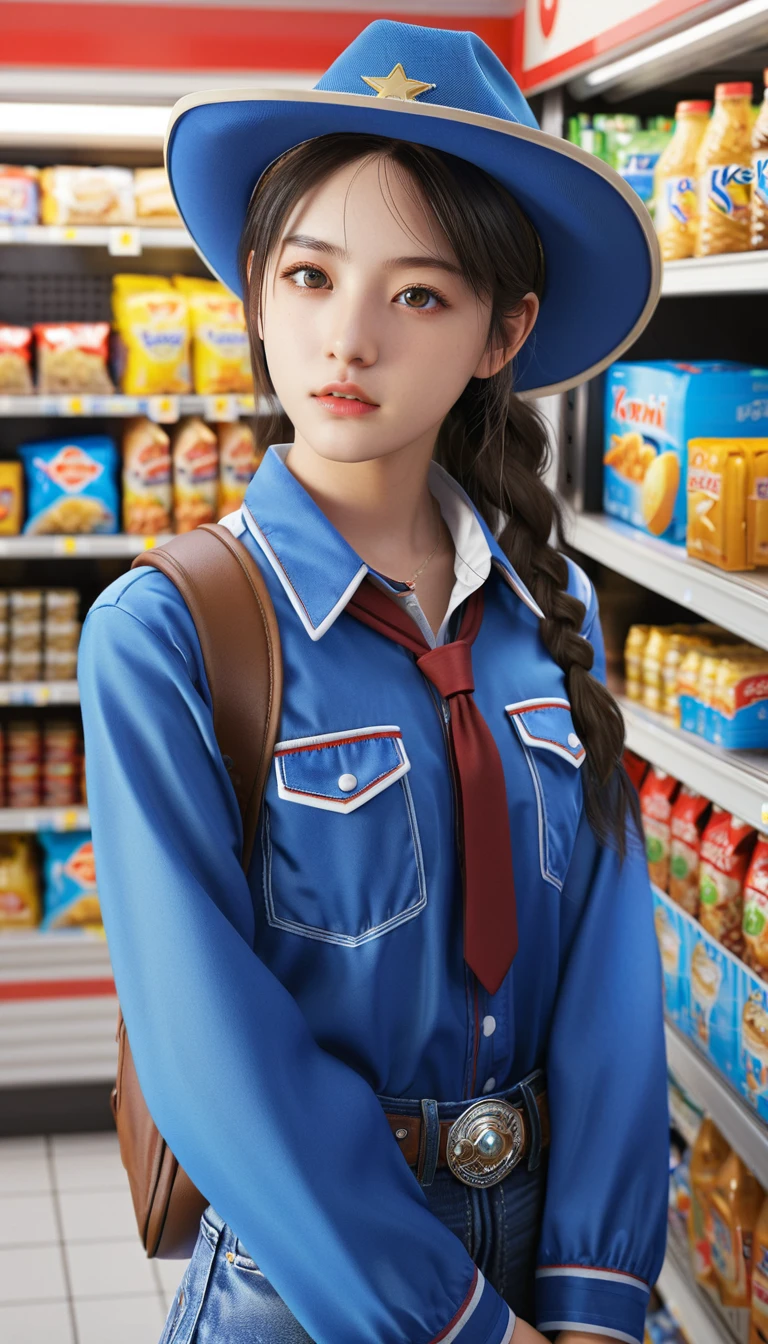 In convenience store,high school student,girl,,Best Quality, 32k, photorealistic, ultra-detailed, finely detailed, high resolution, perfect dynamic composition, beautiful detailed eyes, sharp-focus, cowboy_shot, ,konbini