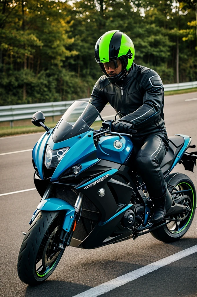 Man on sports bike with black helmet with blue iridescence and fluorescent green boots 