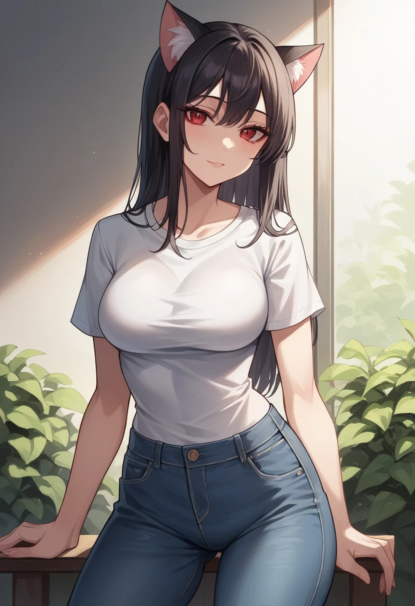 Masterpiece, of the highest quality, High resolution, junkotvv, ((casual clothing with jeans and short sleeve t-shirt 90° style))
cowboy shot, front view,
Attractive mature McDonald's cashier cleavage, mcdonalds, edge lighting, 
1 girl, alone, long black hair, red eyes, , cat ears looking at viewer,  
beautiful face, Beautiful and detailed red eyes., beautiful body, Beautiful , Beautiful thighs,