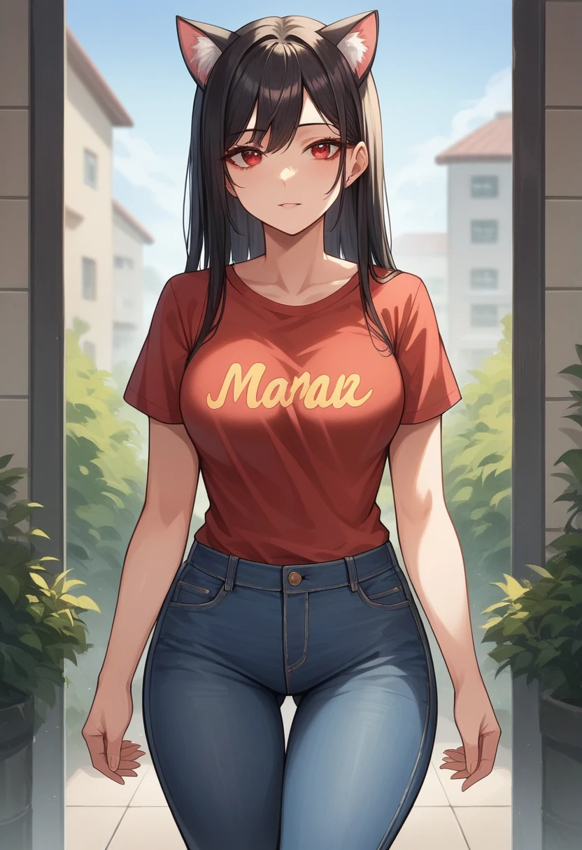 Masterpiece, of the highest quality, High resolution, junkotvv, ((casual clothing with jeans and short sleeve t-shirt 90° style))
cowboy shot, front view,
Attractive mature McDonald's cashier cleavage, mcdonalds, edge lighting,
1 girl, alone, long black hair, red eyes, medium breasts, cat ears looking at viewer,
beautiful face, Beautiful and detailed red eyes., beautiful body, Beautiful breasts, Beautiful thighs,