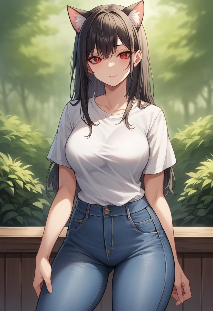 Masterpiece, of the highest quality, High resolution, junkotvv, ((casual clothing with jeans and short sleeve t-shirt 90° style))
cowboy shot, front view,
Attractive mature McDonald's cashier cleavage, mcdonalds, edge lighting,
1 girl, alone, long black hair, red eyes, medium breasts, cat ears looking at viewer,
beautiful face, Beautiful and detailed red eyes., beautiful body, Beautiful breasts, Beautiful thighs,