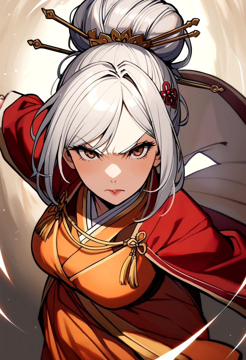 50 year old woman, white hair, bun with hairpin, brown eyes, orange dress, red jacket