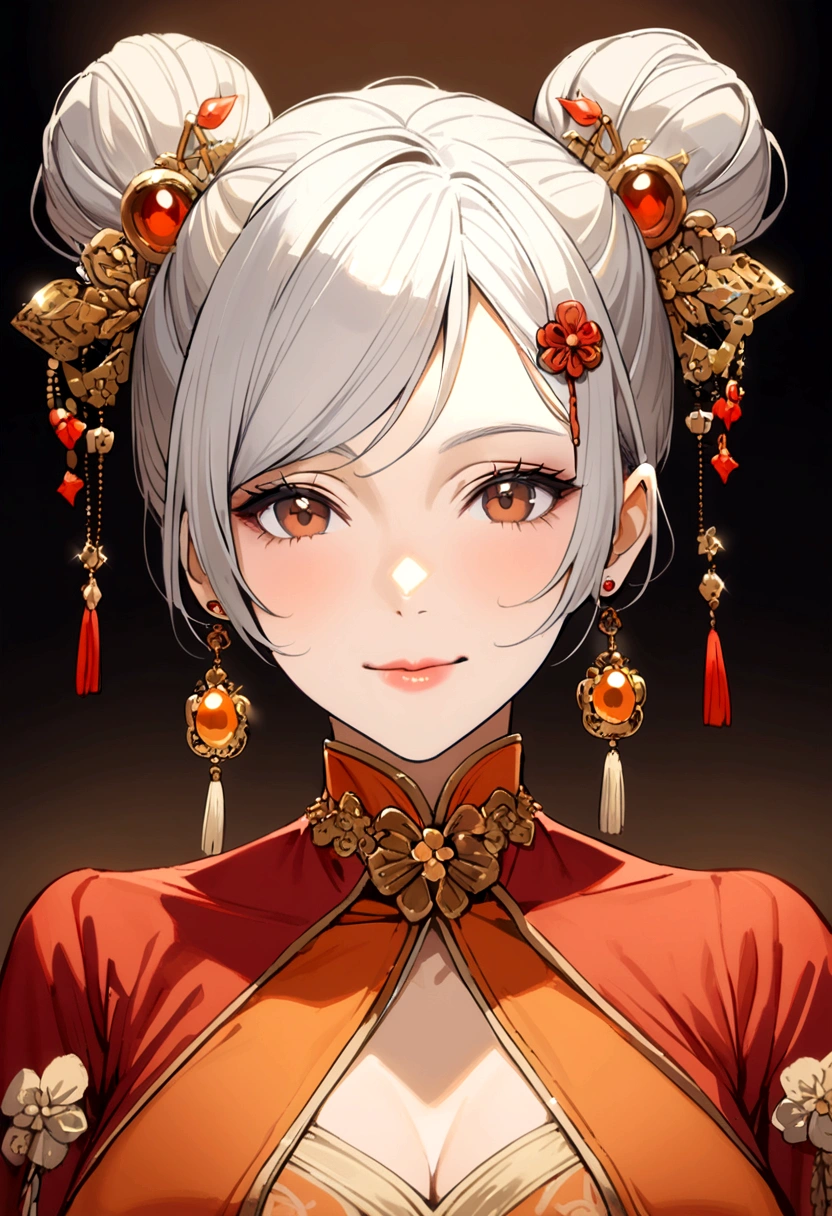 50 year old woman, white hair, bun with hairpin, brown eyes, orange dress, red jacket