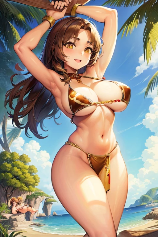 masterpiece, high resolution, best quality, rendered art, beautiful art, well formed fingers,body and hands, 1 woman, solo, Xiangling, wearing Cavewoman's outfit, 31 years old, big breasted, cleavage, sexy and skimpy jungle bikini, pelvic curtain, bikini thong, brunette, sexy and gorgeous hips, legs and thighs,fighting in a combat match, showing her fighting skills, making her guard, about to hit the viewer, looking at the viewer, panties peeking, sweating, bouncing breasts, smiling joyfully and brightly, being confident and proud, action and fighting scene, martial arts arena with beach environment  