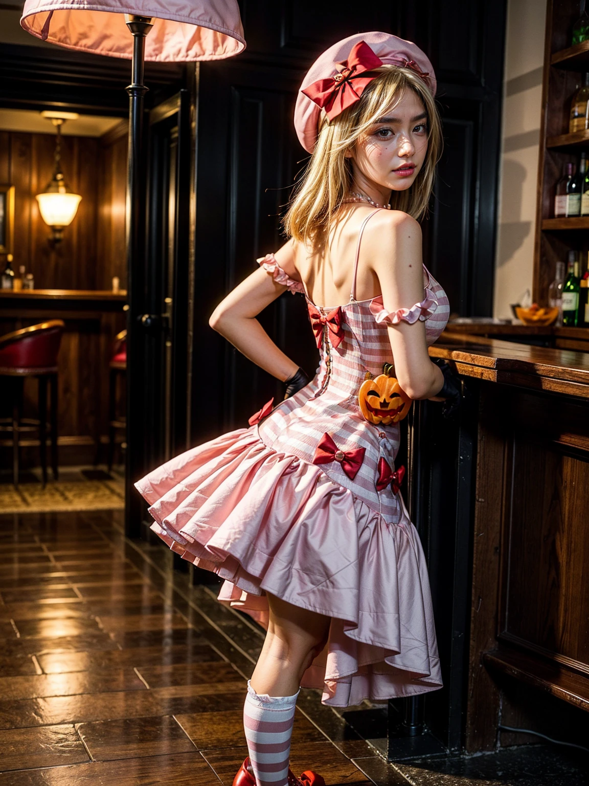 (1 lady), The beautiful, (Best quality at best:1.4), (ultra - detailed), (extremely detailed CG unified 16k), gold blonde hair, very detailed, High-definition RAW color photo, professional photoshooting, amazing face and eyes, cosmetics, (amazingly beautiful girl), ((lambdadelta)), ((dress, shoes bow, red shoes, striped stockings, red bow, pink hat, necklace, gloves, pearl, pumpkin brooch, pink dress)), standing, sexyposture,(Dark and stylish bar, drinks, lamp lights, lamp lights:1.3), (look from down), realistic cinematic face, head to feet long wide zoomed out view, full body long view, photorealistic, ((realistic natural blonde hair style, honey eyes)), gorgeous, extremely beautiful face, perfect model beauty, pout mouth, flirting smile, cleavages, city girl, western, shopping in the city, (masterpiece), best quality, high resolution, extremely detailed, blurred background, depth of field, cinematic lighting, amazing legs, high heels, clear and well-cared skin, from behind, nice ass,