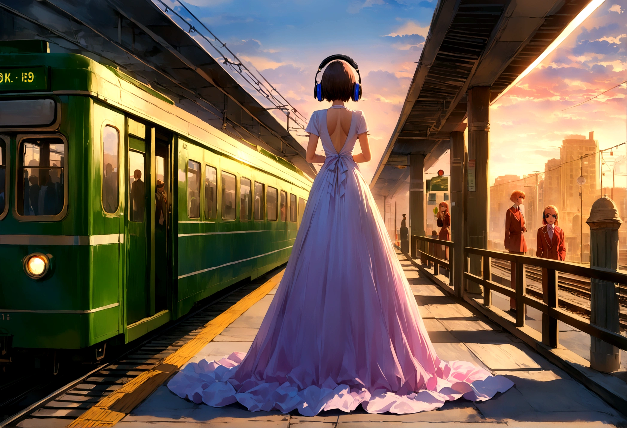 masterpiece, (((wearing headphones))). (anime girl posing). ((1990s anime)). ((City Pop girl)). Gorgeous features . Hyper detailed. High definition. Anime style. HDR. 8k. This contrast between the fantastical character and the more bold color scheme and elements gives the piece an intriguing narrative quality. painted realism, photorealistic, fantasy digital art,Render Related Information: 32K resolution,Expressive details, Season: summer, Time: Dawn, (((Waiting on the station platform to catch the train before going to school ))),full body,smile.Moonlight illuminates the dimly lit room.90s,short hair girl,beautiful girl,(((A woman whose back can be seen up to her waist))),(woman from behind),