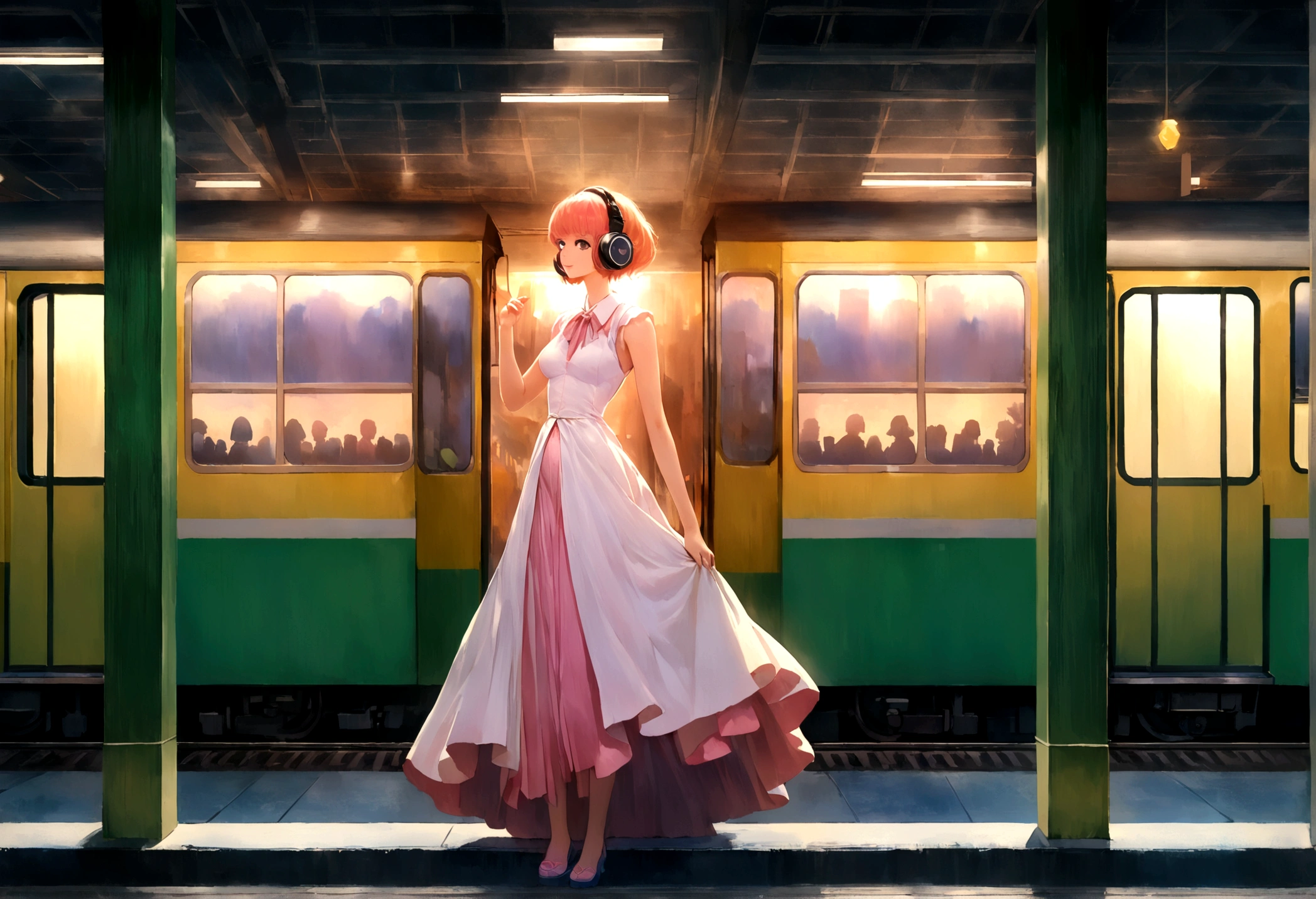 masterpiece, (((wearing headphones))). (anime girl posing). ((1990s anime)). ((City Pop girl)). Gorgeous features . Hyper detailed. High definition. Anime style. HDR. 8k. This contrast between the fantastical character and the more bold color scheme and elements gives the piece an intriguing narrative quality. painted realism, photorealistic, fantasy digital art,Render Related Information: 32K resolution,Expressive details, Season: summer, Time: Dawn, (((Waiting on the station platform to catch the train before going to school ))),full body,smile.Moonlight illuminates the dimly lit room.90s,short hair girl,beautiful girl,(((A woman whose back can be seen up to her waist))),(woman from behind),