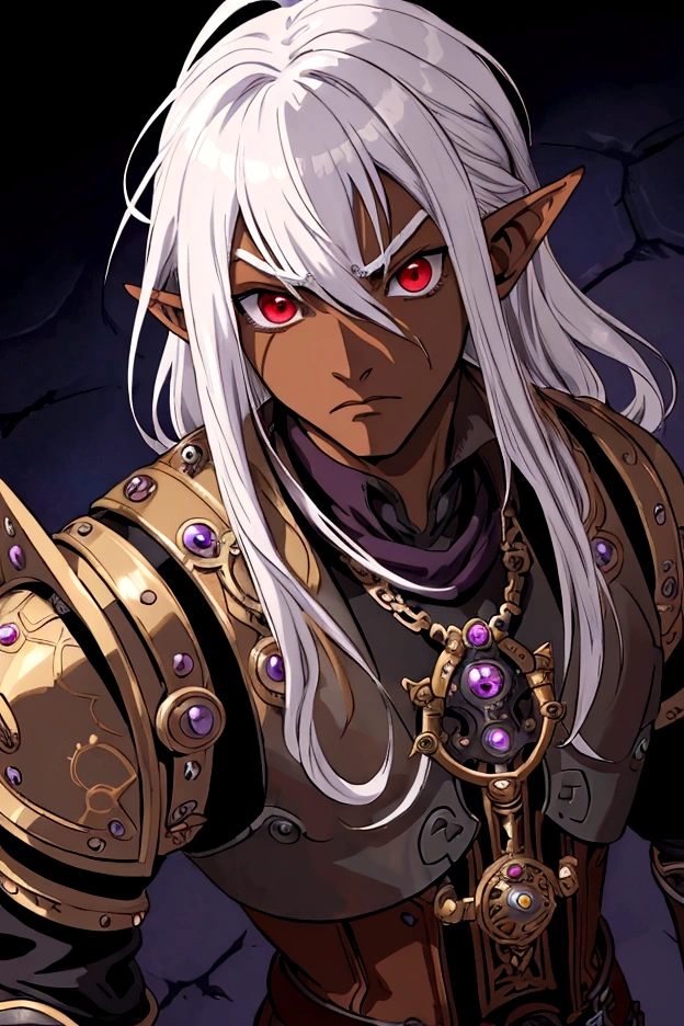 ((best quality)), ((masterpiece)), (detailed), ((boy)), ((mix between dungeonpunk and steampunk armor)), (serious), fantasy illustration, dark skinned, human, upper body, portrait, red eyes, long white hair, (wearing armor), Xemnas from Kingdom Hearts, half-drow, pointy ears, serious face, dramatic lighting, purple hue, art by Kinema Citrus and Tetsuya Nomura