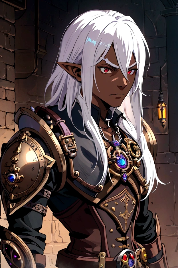 ((best quality)), ((masterpiece)), (detailed), ((boy)), ((mix between dungeonpunk and steampunk armor)), (serious), fantasy illustration, dark skinned, human, upper body, portrait, red eyes, long white hair, (wearing armor), Xemnas from Kingdom Hearts, half-drow, pointy ears, serious face, dramatic lighting, purple hue, art by Kinema Citrus and Tetsuya Nomura
