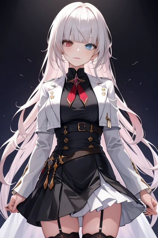 masterpiece, detailed, high quality, 1girl, solo, heterochromia, red eyes, gray eyes, medium breasts, cowboy shot, team , black diamond lace skirt,white leather jacket, black thigh-highs, long splited hair, black and white splited hair, string long glossy  hair, straight bangs cut, straight sidelocks, ultra detailed clothing alothing, high resolution hair texture, diamond and golden pink jewerlly