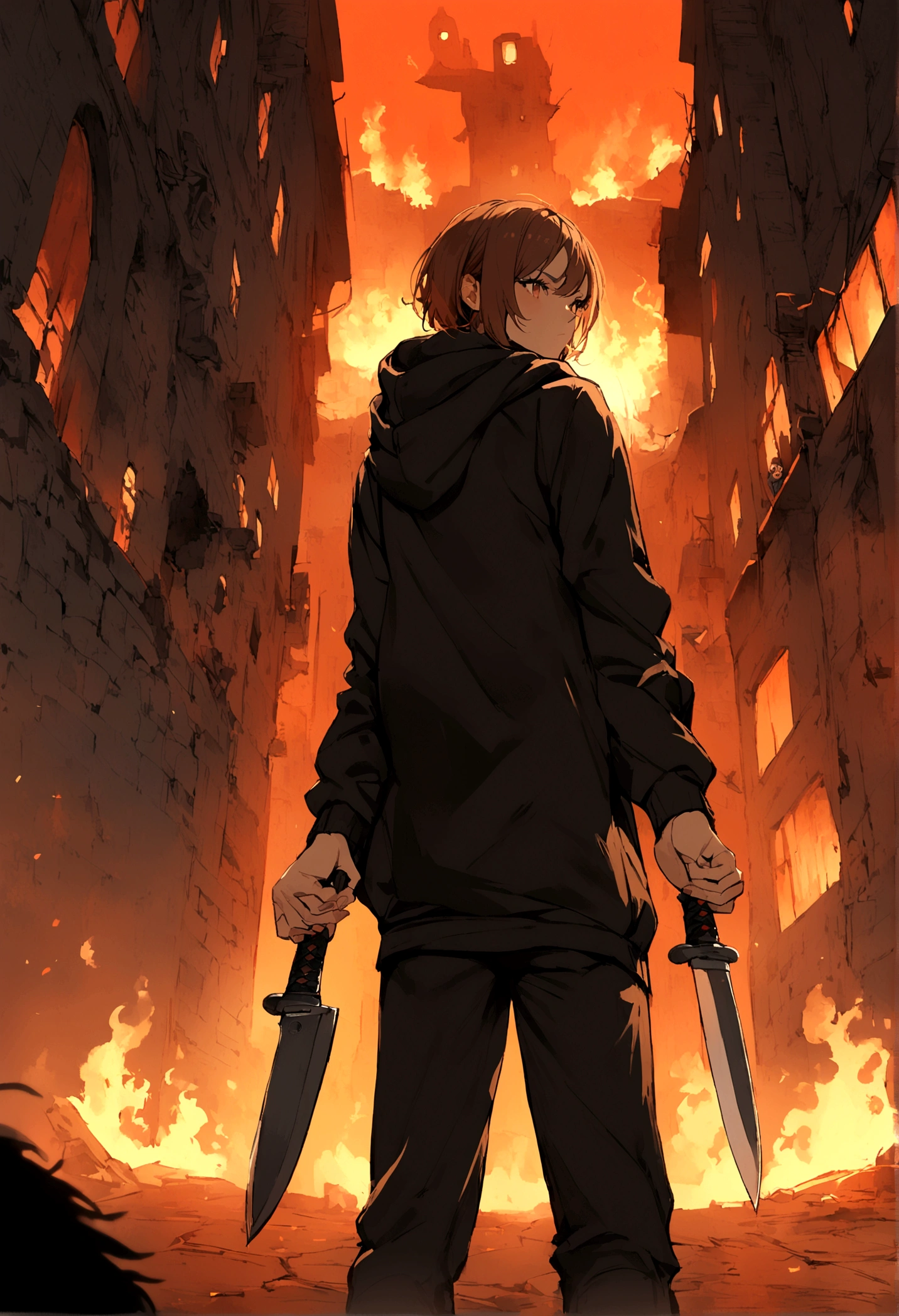 1boy, brown hair, black hoodie, black pants, two kitchen knifes, hell fire in the background, 1girl behind him