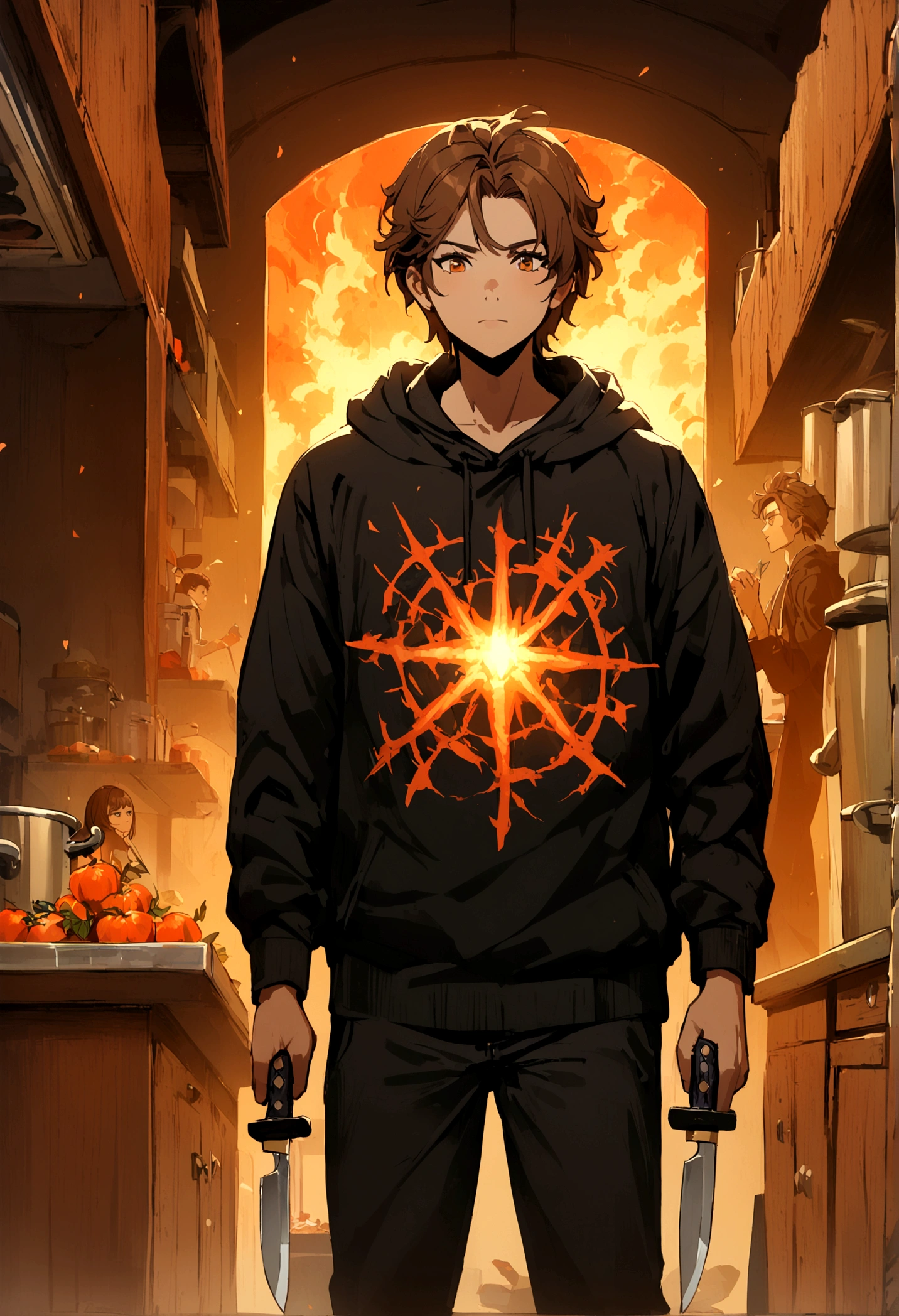 1boy, brown hair, black hoodie, black pants, two kitchen knifes, hell fire in the background, 1girl behind him