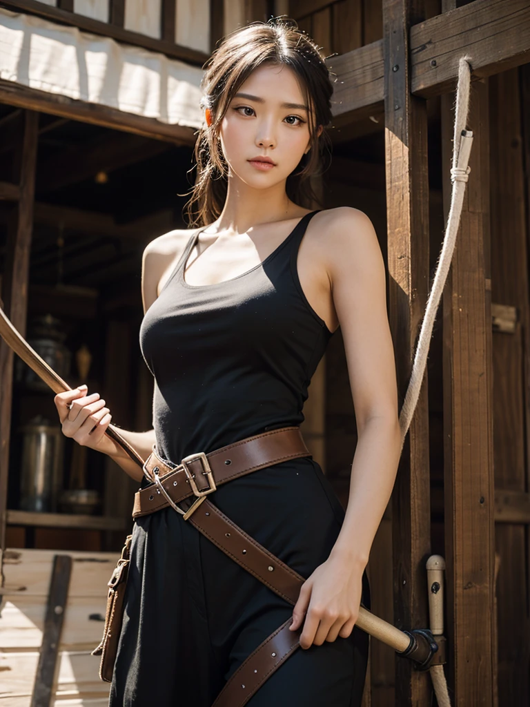 Mercenary, bow in hand, very beautiful face, shot to the hip,