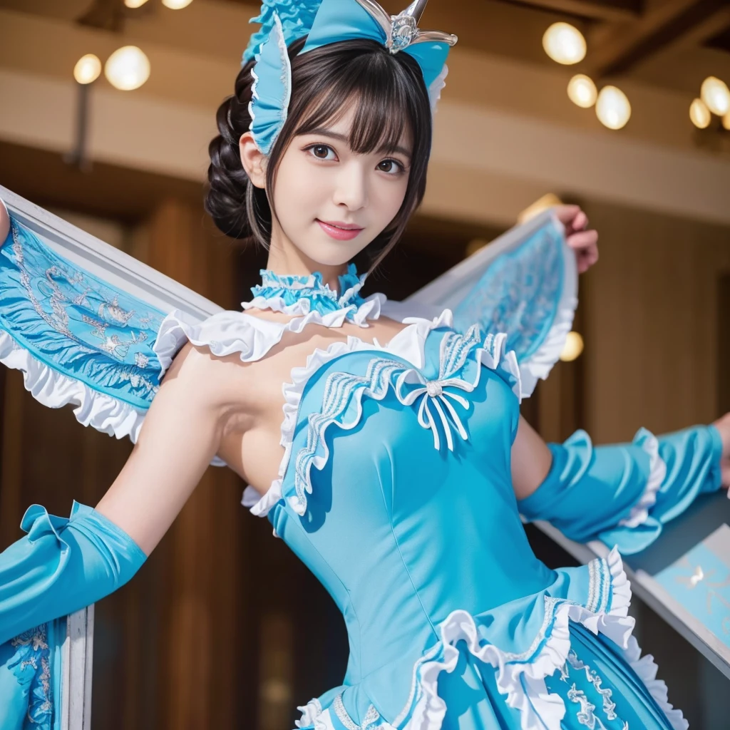 Highest quality，masterpiece，Very detailed, 8K，Beautiful Japan woman at 32 years old:1.5, blunt bangs, Black Hair, Small face, Crucifixion, (Detailed glamorous light blue and blue magical girl heroine with frilly outfit:1.5),　Ecstatic expression、　((クロスにCrucifixionにされた女性:1.5, Breast Augmentation Surgery)), Very detailedな臭い脇の下