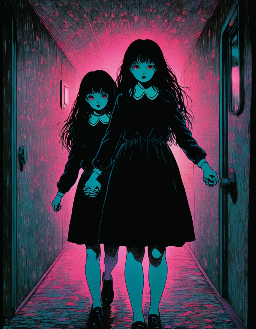 illust、art、from 80s horror movie, directed by Junji Ito、Two twin sisters、Holding hands、nightmare、anxiety、high detail, realsitic shadow、Analog style, vhs style, 8mm film, chromatic aberration, Dvd screengrab、Surrealism