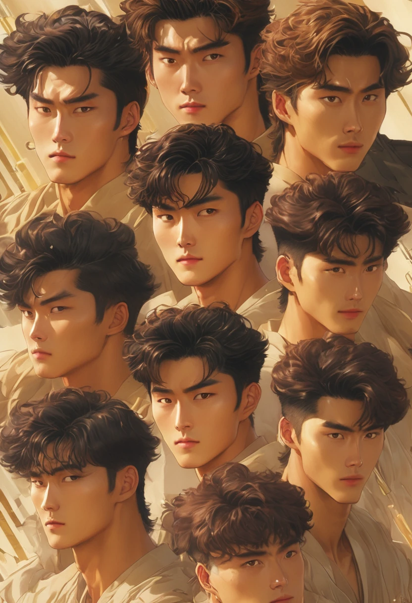 cinematic very 4k HD hIGH res depict a small group of korean guys witj a range of these looks tall lean very buffed korean guy with dark or medium naturally wavy red brown hair kinda angular angles sculpted look and face very light hazel or amberlike or even goldden honey colored eyes yellowish olive complexioned show guy with a variance of this type of looks