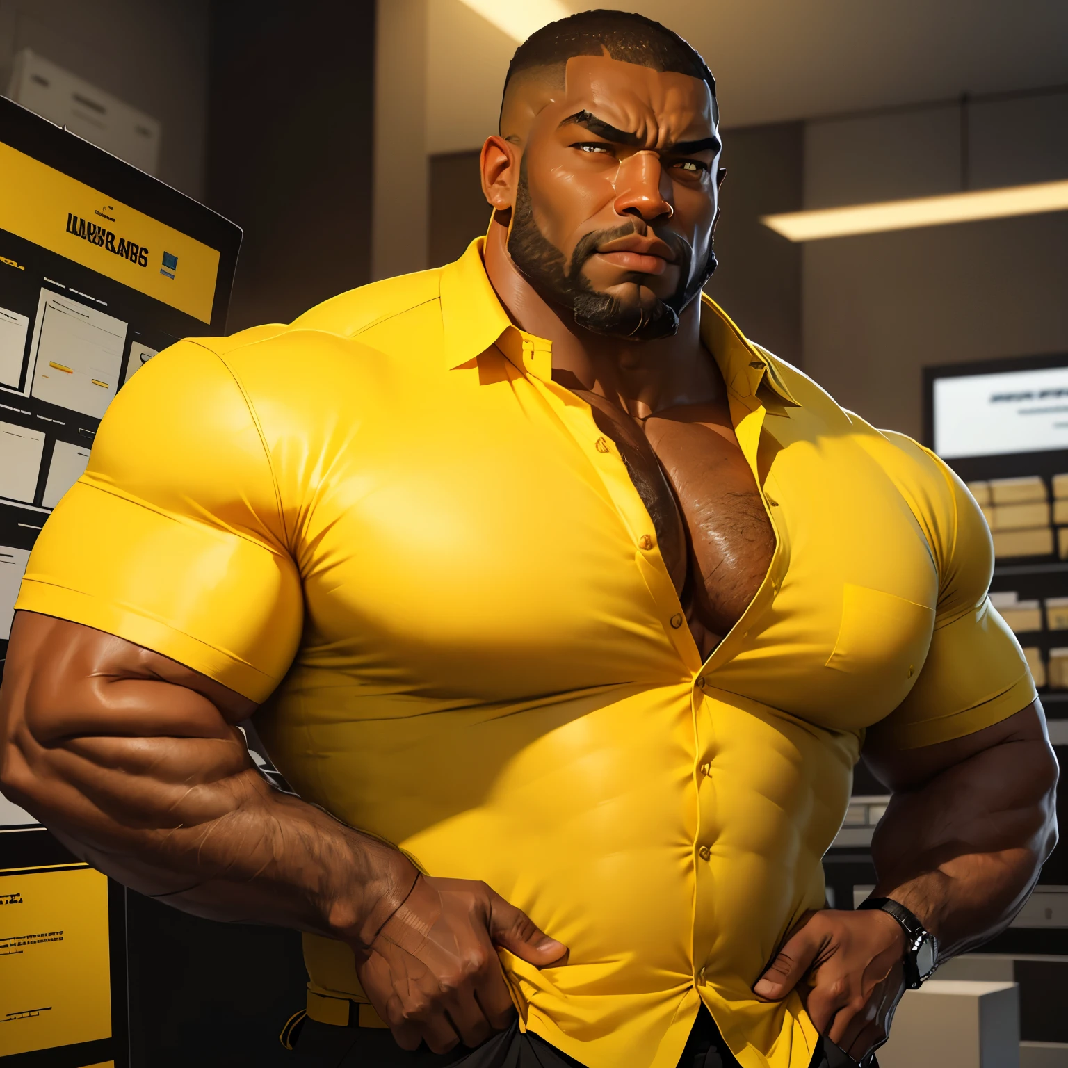 an exaggeratedly muscular and large bodyguard, beefy build, beard, dark-skinned african american male, buzzcut hair with square line, (confused expression: 1.2), (wearing yellow business shirt: 1.2), unbuttoned shirt, (bara pecs: 1.3), beefy pecs, (arm and ????? hair: 1.2), portrait HD, (electronics store isles)
