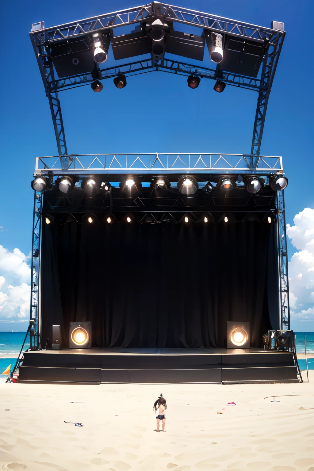 small stage、Lots of people ,(Stage on the beach) Steel frame stage with lights and speakers, taken from the front and center. ((very small stage))