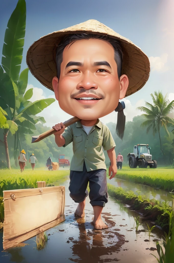 cartoon man walking through a muddy field with a hoe, The head wears a typical Javanese headgear blangkon, caricature illustration, farmer, Indonesian farmer, caricature style, cartoon portrait, cartoon digital painting, caricature, official illustration, cartoon digital art, in cartoon style, inspired by Rudy Siswanto, inspired by I Ketut Soki, potrait, digital cartoon painting art, digital art cartoon, cartoon artstyle