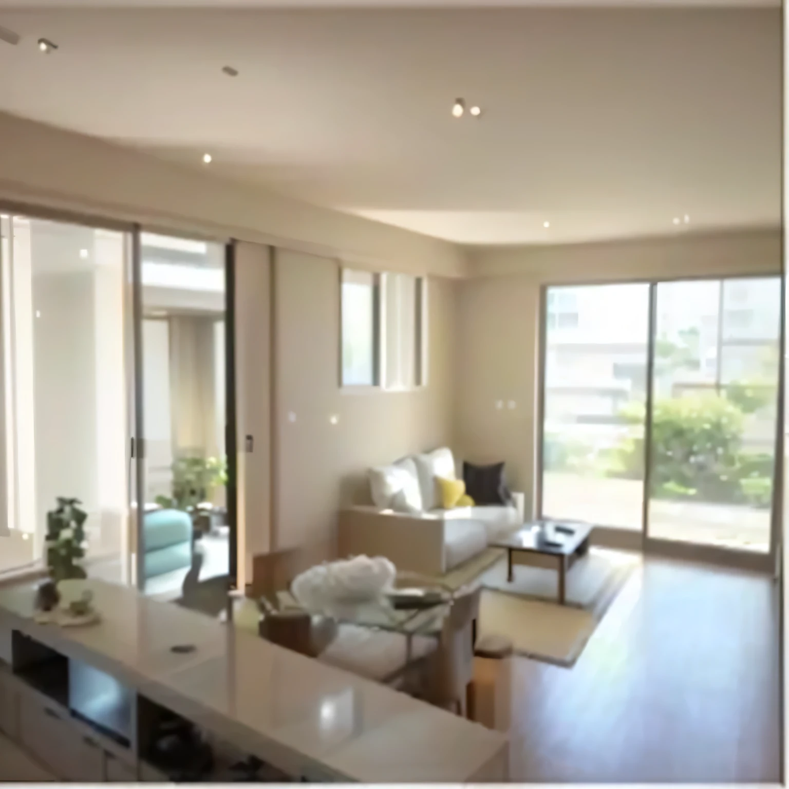 There is a living room with a sofa, table, glass sliding door, in a japanese Apartment, Apartment, Whole room, New Modern, modern japanese living room, flat!!, Natural light, open plan, High-end, High-end, Bird's Eye View, Lounge, location in a Apartment, Japanese House, Vivid!!, inside a modern Apartment