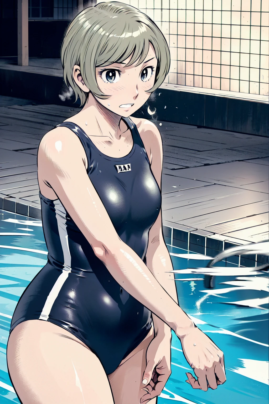 Blue school swimsuit、(masterpiece、Highest quality)、Highest quality, Ultra-high resolution, (((masterpiece))), alone, Sweat、Big eyes, Composition from the front、Shortcuts、Embarrassed face、Blonde、Cut your hair short、School swimming pool、short hair、 Line、Browsing Caution、Butt