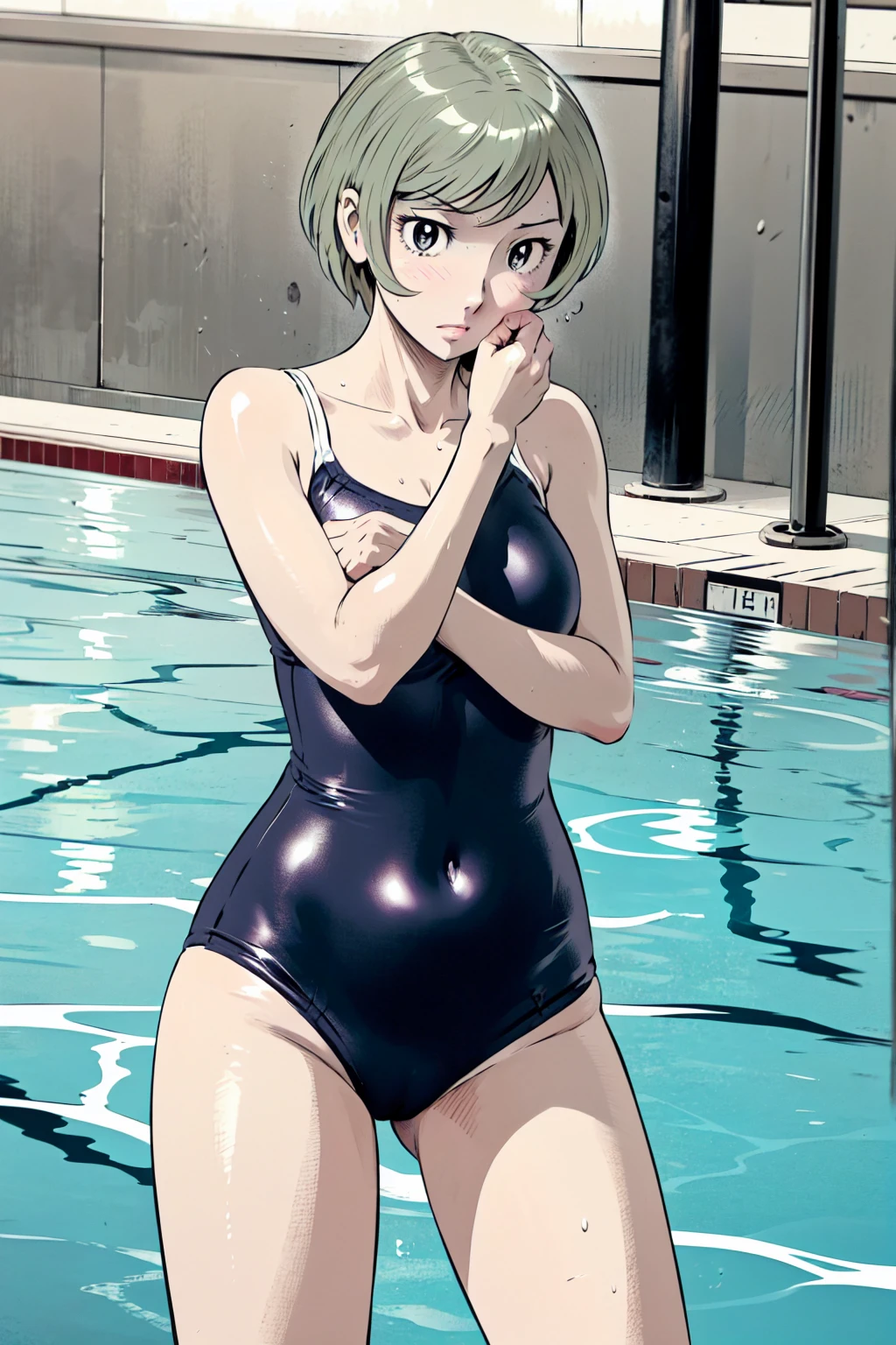 Blue school swimsuit、(masterpiece、Highest quality)、Highest quality, Ultra-high resolution, (((masterpiece))), alone, Sweat、Big eyes, Composition from the front、Shortcuts、Embarrassed face、Blonde、Cut your hair short、School swimming pool、short hair、Pussy Line、Browsing Caution、Butt