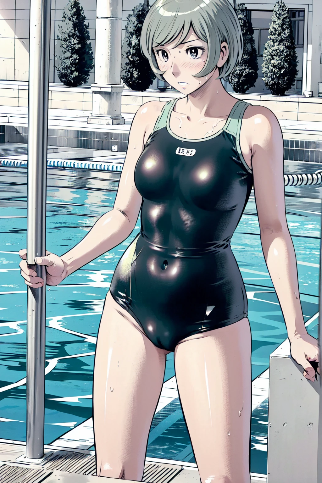 Blue school swimsuit、(masterpiece、Highest quality)、Highest quality, Ultra-high resolution, (((masterpiece))), alone, Sweat、Big eyes, Composition from the front、Shortcuts、Embarrassed face、Blonde、Cut your hair short、School swimming pool、short hair、 Line、Browsing Caution、Butt