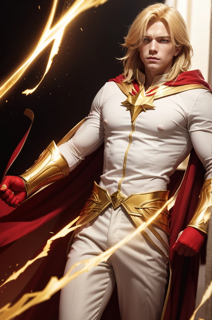 The golden-haired hero, with the power to have any power he wants, adolescent, white clothes, red and gold