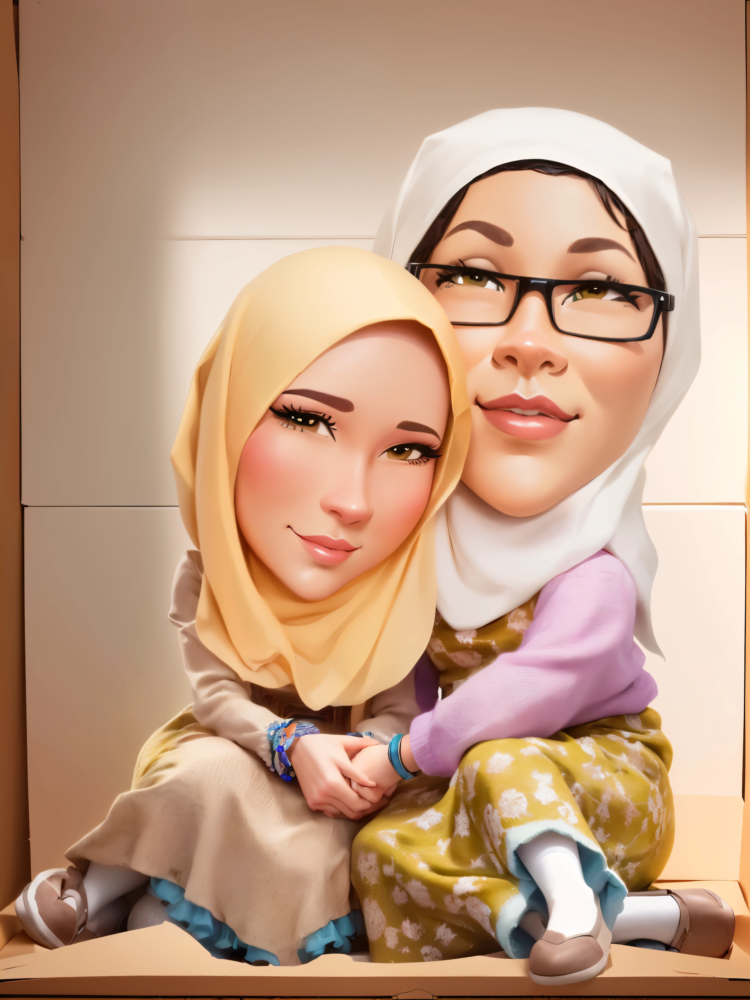 there is a cartoon picture of a woman and a in a box, Wearing a hijab and long Muslim dress, caricature illustration, digital art cartoon, cartoon portrait, cartoon digital art, in cartoon style, cartoon artstyle, potrait, cartoon art, cartoon digital painting, inspired by JoWOnder, by Abidin Dino, caricature style, caricature, 3 d cartoon, caricature!!!, charicature