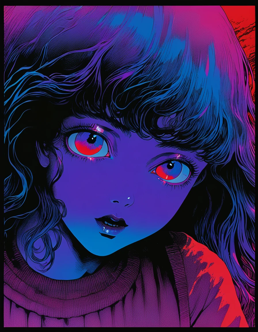 illust、art、from 80s horror movie, directed by Junji Ito、Hidden Pictures、double image、Double Imagehigh detail, realsitic shadow、Analog style, vhs style, 8mm film, chromatic aberration, Dvd screengrab、Blue-purple and red-purple gradation、Surrealism