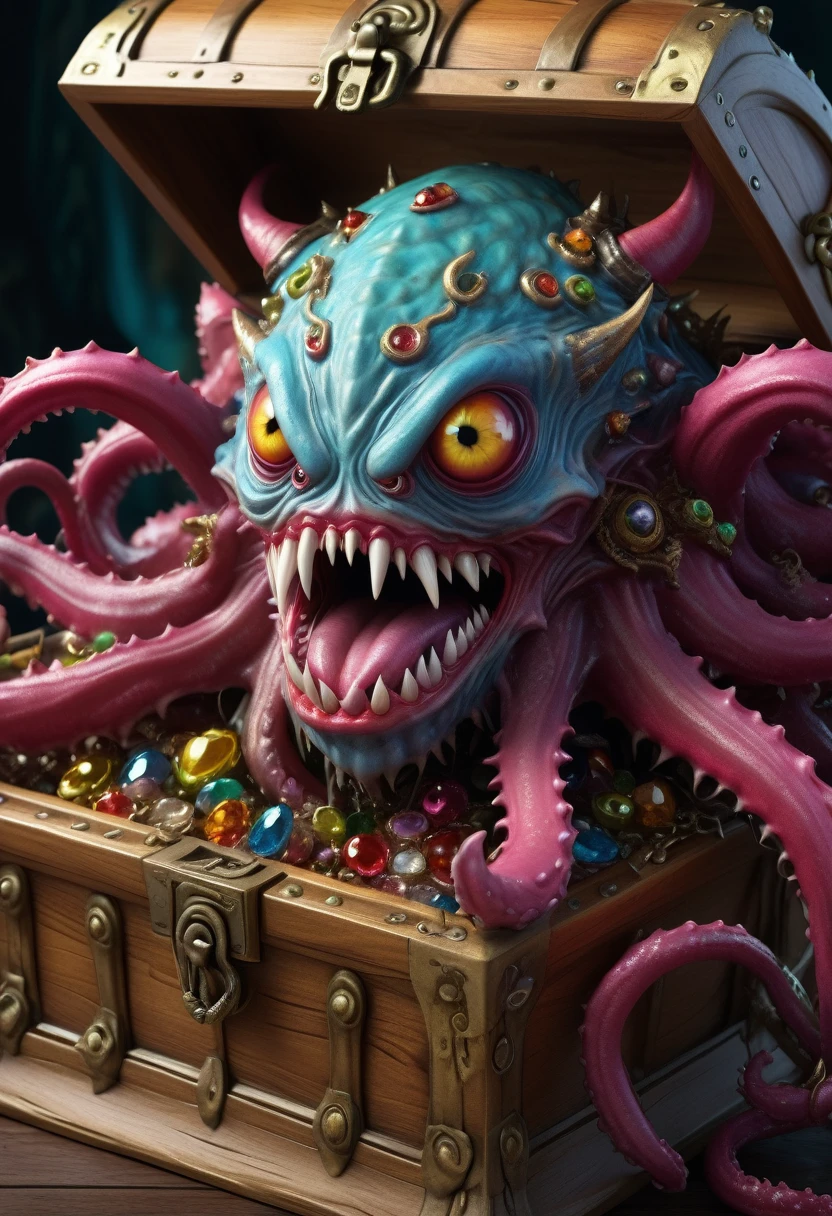 a bizarre treasure chest monster with one eye, sharp fangs, ugly features, long tentacles, spilled jewels, intricate details, photorealistic, highly detailed, 8K, award winning, masterpiece