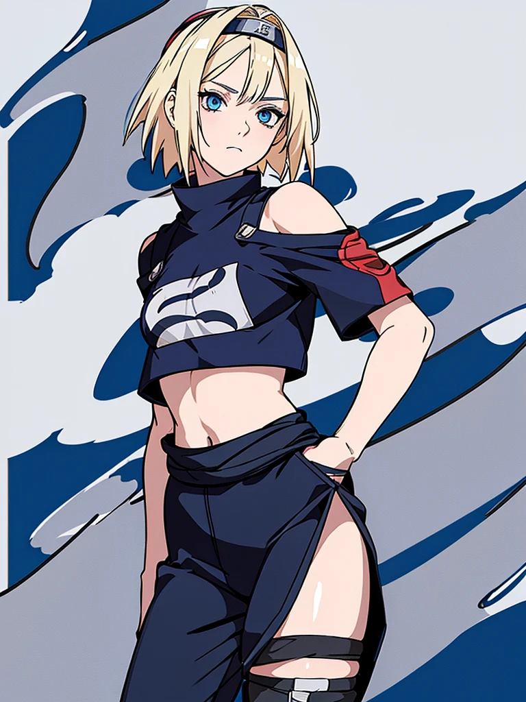 young girl, Blonde, blue eyes, bangs, short shoulder length hair, big breasts, small waist, flat stomach, Wide hips, big thighs, ninja, Naruto, loose pants below the waist, foot bandages, ninja style cropped t-shirt, konoha bandana on the waist, Leaf Village, at night, perfect lighting, detailed shadows, high quality, HD, 4k, Masterpiece