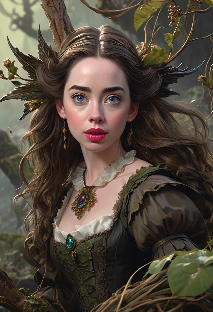 A Bog Witch. Anna Popplewell and Alison Brie. Official Art, Award Winning Digital Painting, Digital Illustration, Extreme Detail, 4k, Ultra Hd, Rococo, Polished, Intricate, Realistic Fantasy Art, Sharp Focus, Concept Art, Art By Wlop, Artgerm, (2d Vector Illustration)