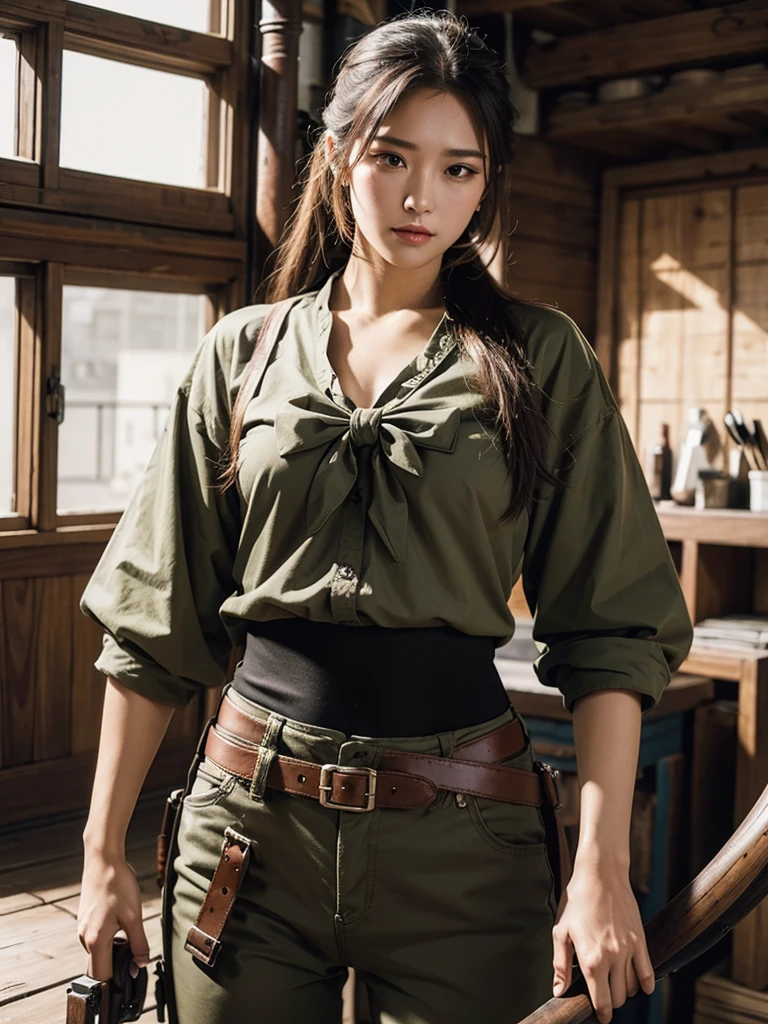 Mercenary, bow in hand, very beautiful face, shot to the hip,