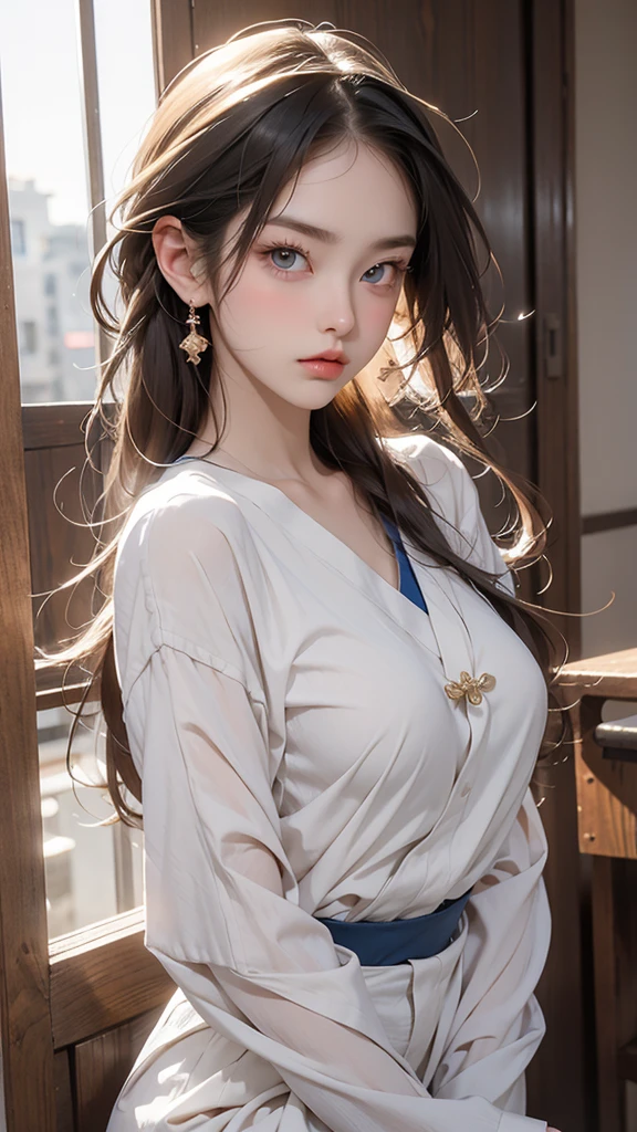 There is a beautiful woman. She is a stunning beauty, half French and half Japanese. Her face is incredibly beautiful, with beautiful blue eyes and beautiful straight long hair, which is bright blonde. Her facial expression is like she is angry, frowning and puffing her cheeks. Please dress her in a Japanese high , a sailor suit. The top is a white blouse. The composition is a close-up from the chest up only. The beautiful woman is made to face straight ahead, and it feels like she is complaining towards us. No sideways. As for the story, the beautiful woman is in a situation where she is having a verbal fight. The background is a school classroom. Please express this