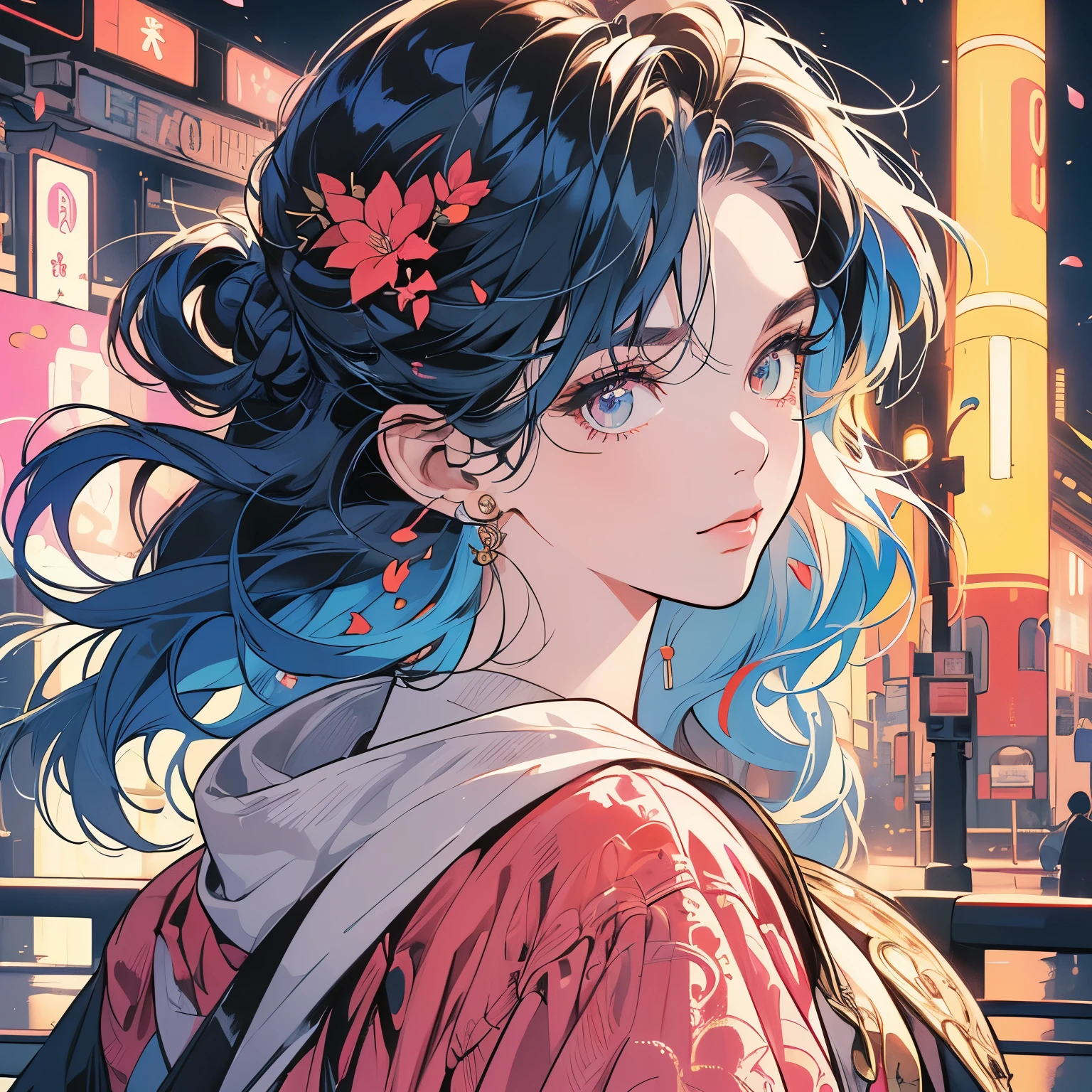 (((one woman))), (((perfect face))), 14k, (((intricate and detailed background))), (((top quality))), Detailed street fashion, 80's poster, near future, sign, lamppost, upper body, head shot, detailed hair, mysterious, (((pale lighting))),(((neon))),From the front, straight on.,night view,Hooded hoodie, gold necklace,  (((Various unique hairstyles))), and immensely beautiful women,Retro tones, goddess,(((Detailed face))), (((detailed eyes))), Various poses, (((Various angles))), the wind is blowing,Retro colors, cyberpunk,(((Detailed Various unique hair colors))),sperkling eyes,sperkling eyes,detailed city, red eyes, (((Various eyes color))),flower petal