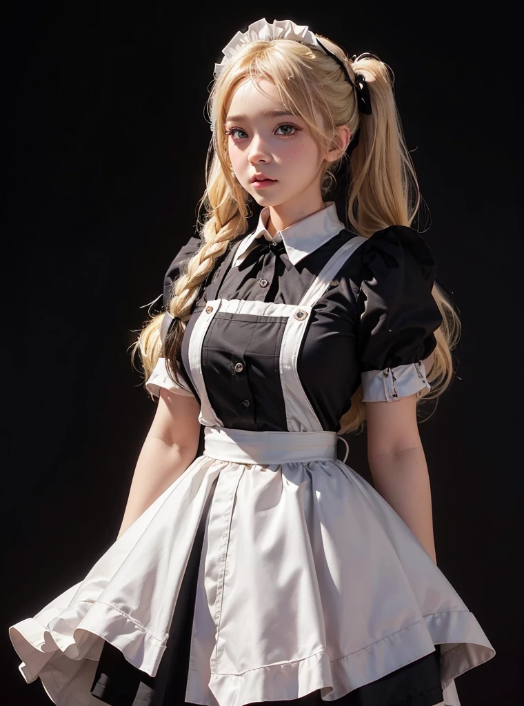 a beautiful girl,blonde pigtail hair,looking at the viewer,standing,blush face,(Very Detailed: 1.3),ultra realistic,HDR,(High Dynamic Range),8K RAW,(((1GIRL))),(((wearing maid dress))),(((black background))),masterpiece,best quality,perfect proportions