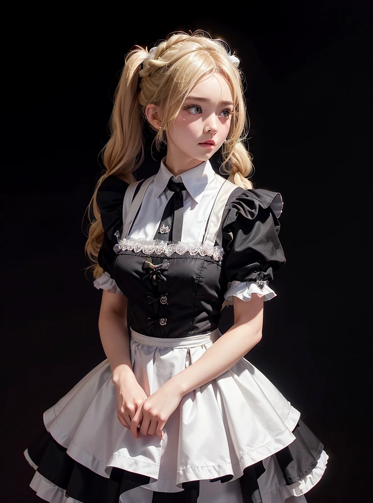 a beautiful girl,blonde pigtail hair,looking at the viewer,standing,blush face,(Very Detailed: 1.3),ultra realistic,HDR,(High Dynamic Range),8K RAW,(((1GIRL))),(((wearing maid dress))),(((black background))),masterpiece,best quality,perfect proportions