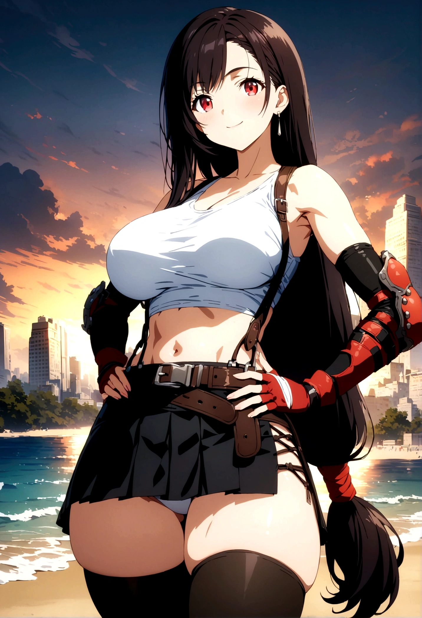 score_9, score_8_up, score_7_up,4k, ,BREAK , from front,thighs angle,standing,straight-on,hands on hips,,(medium shot),looking_at_viewer ,1girl, tifa lockhart, final fantasy, tareme,black hair, low-tied long hair, red eyes, bangs, white tank top, belt, pleated skirt, thighhighs, elbow fingerless gloves, elbow pads, midriff, navel,suspender skirt ,big_breasts,(light smile),Curvy waist ,Solo,,(midnight and beachside and city),Toned,,detailed skin,(best quality),(aesthetic,very aesthetic),masterpiece, best quality, ultra detailed, highres,4k,(ultra-detailed:1.4) (illustration:0.5), (ray tracing,:0.8),(anime colored:0.7),(ai-generated:0.5), (anime screencap:0.8),