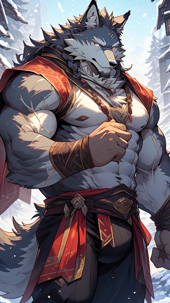 elder,gentle and soft,icey magic power,long white beard,long braided hair,solo, kemono, (old grey wolf), anthro (old wolf), anthro, male, anthro male (old wolf), anthro (old wolf), tail,muscles, handsome, general, loose cloth ,bulge, big abs, northern area,wind and snowstorm,perfect lighting, (light particles),(best quality),(masterpiece),(ultra detailed),sharp focus, light particles, strong, serious,rippled muscles, ultradetailed face, ultradetailed eyes, looking at viewer, good looking, bareness, ((detailed face)),a lot of scars,the elder,elder face