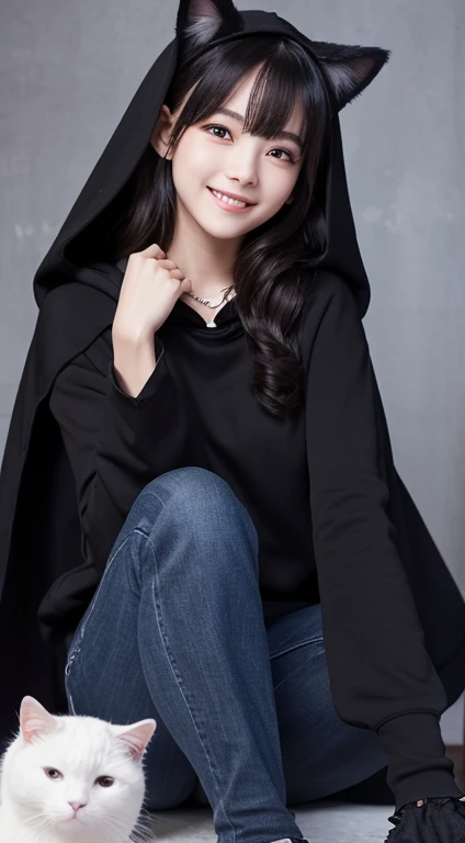Best image quality、、Ultra-high resolution:1.5、smile、Delicate eyes、Sensitive face、Attractive face、Wearing a black hoodie with cat ears、Black Cape、tail、Black loose socks、Black Shoes、Short jeans、White clothes with frills、necklace