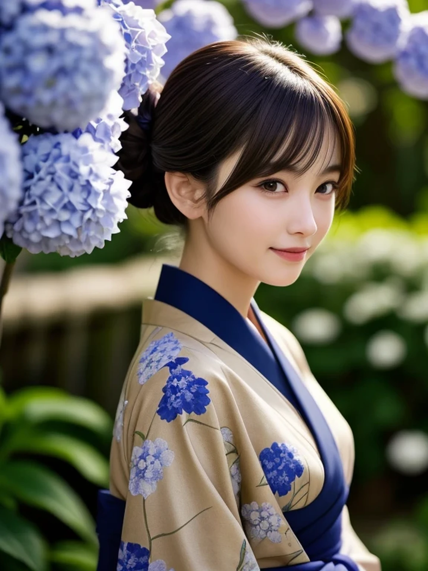 1 Japanese girl, (Looking at Viewer
:1.4), (upper body shot:1.2), Beautifully detailed eyeballs, catchlight in the eyes, Realistic digital painting of a woman portrait, Shy, Cute, happy smile, brown eyes, (half updo,:1.1), (light brown brunette hair:1.3), (Highly detailed skin:1.2), Mystical style, Global Illumination, Traditional Japanese floral printed Kimono, A silk kimono with a deep indigo base. A garden with many blooming hydrangeas